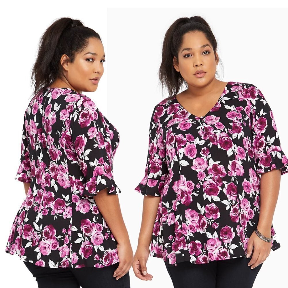 Torrid Top Womens 1X Floral Print V Neck Feminine Romantic Girly Valentines Day - Picture 2 of 11